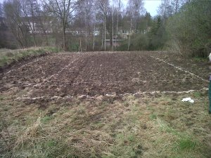Auf frisch gepflügtem Feld wurde der Garten 2012 mit Sägespänen angezeichnet